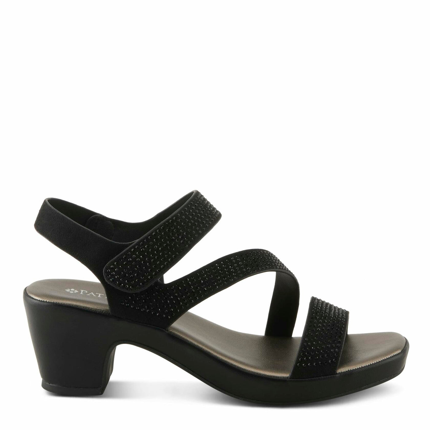 PATRIZIA Women's YADIEL Hook and Loop Sandals – Low Block Heel with Asymmetrical Crystal-Strap Design BLACK EU 37 / US 6.5-7