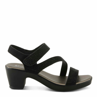 PATRIZIA Women's YADIEL Hook and Loop Sandals – Low Block Heel with Asymmetrical Crystal-Strap Design BLACK EU 37 / US 6.5-7