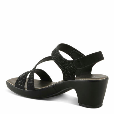 PATRIZIA Women's YADIEL Hook and Loop Sandals – Low Block Heel with Asymmetrical Crystal-Strap Design BLACK EU 37 / US 6.5-7