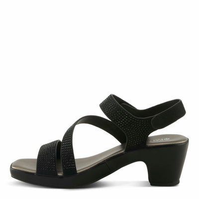 PATRIZIA Women's YADIEL Hook and Loop Sandals – Low Block Heel with Asymmetrical Crystal-Strap Design BLACK EU 37 / US 6.5-7