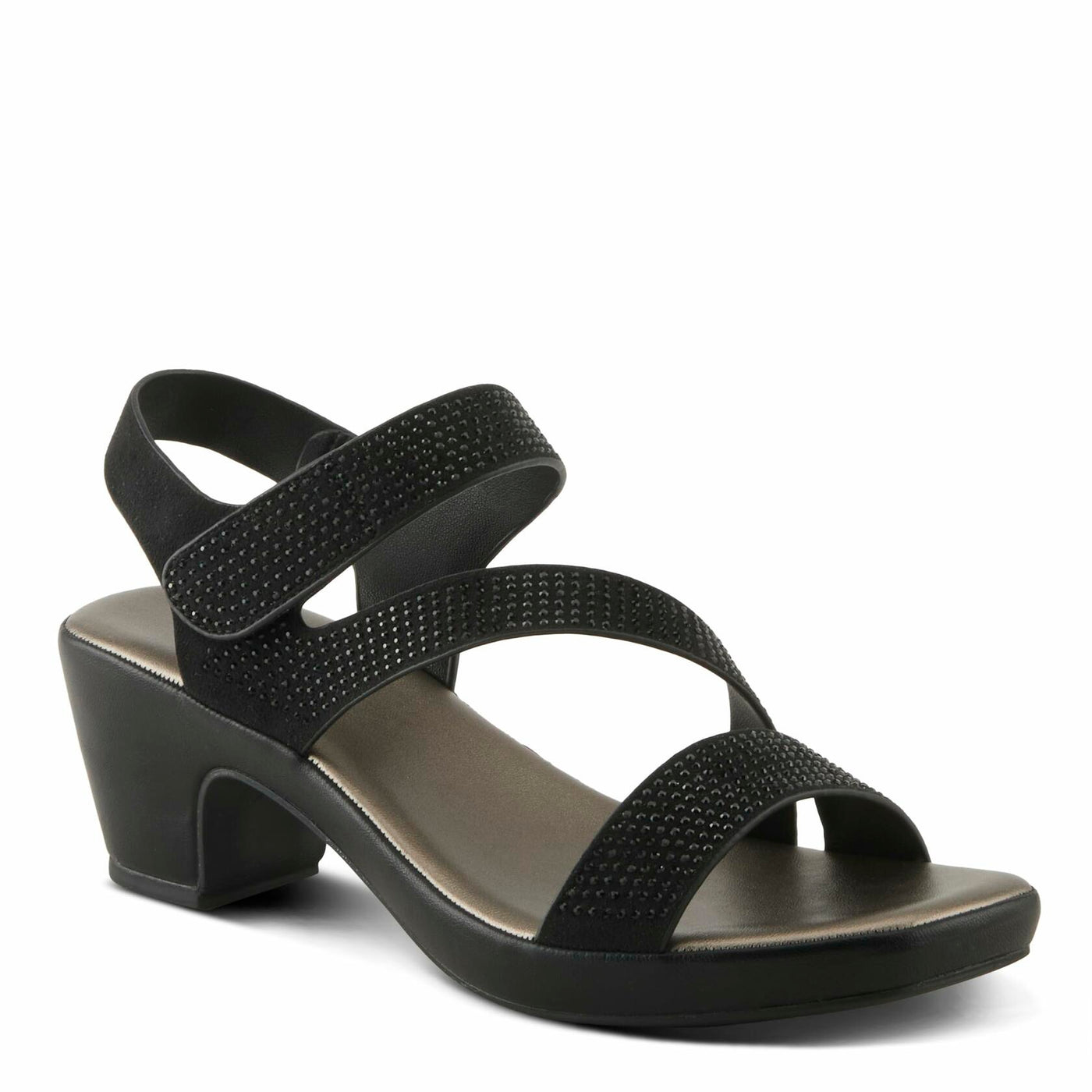 PATRIZIA Women's YADIEL Hook and Loop Sandals – Low Block Heel with Asymmetrical Crystal-Strap Design BLACK EU 41 / US 9.5-10