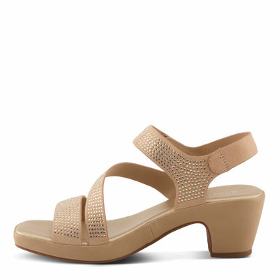 PATRIZIA Women's YADIEL Hook and Loop Sandals – Low Block Heel with Asymmetrical Crystal-Strap Design ROSE GOLD EU 40 / US 9