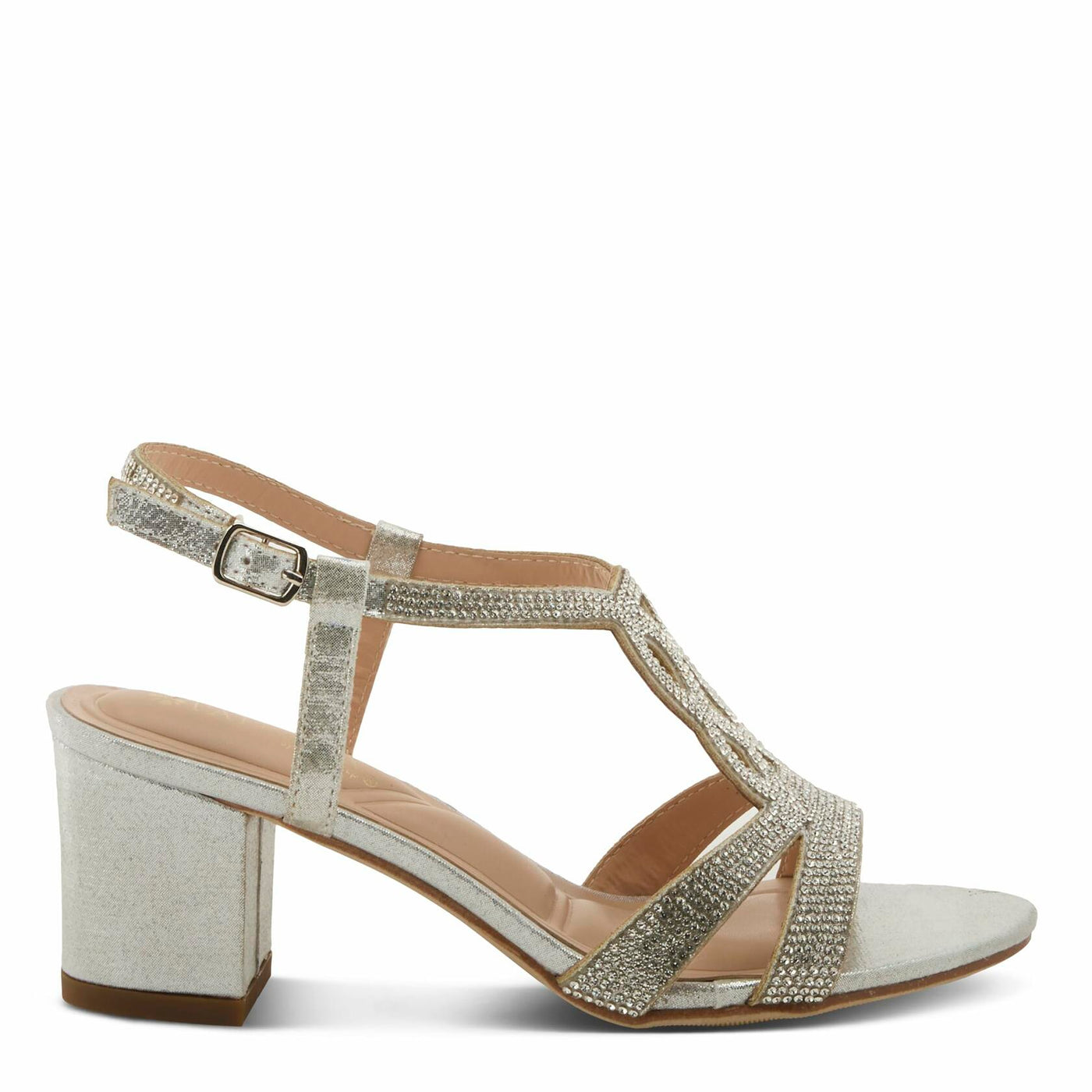 PATRIZIA Women's LILYANA Buckle Block Heel Sandals - T-Strap with Scrollwork Design, Elegant and Comfortable SILVER EU 39 / US 8.5