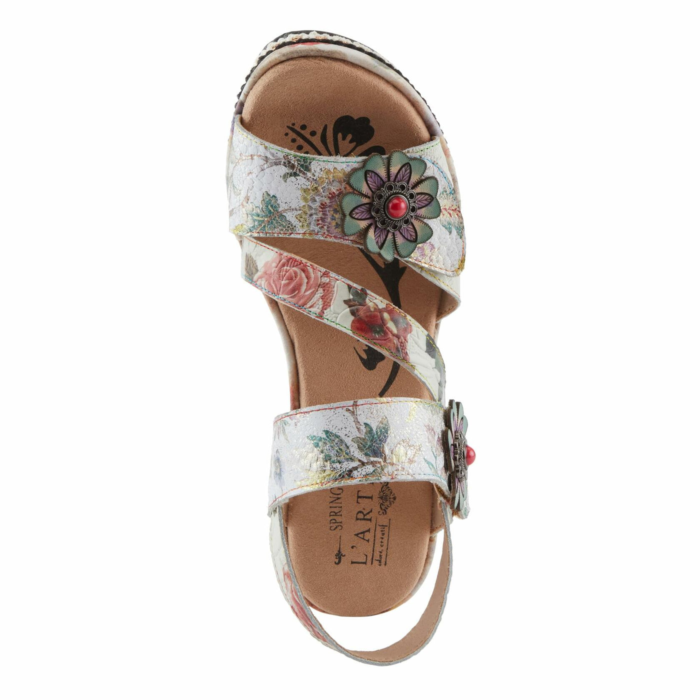 L'Artiste Women's BLISSFUL Hook and Loop Sandals - Floral Embossed Leather, Decorative Flower Accents, Adjustable Fit ICE MULTI EU 38 / US 7.5-8