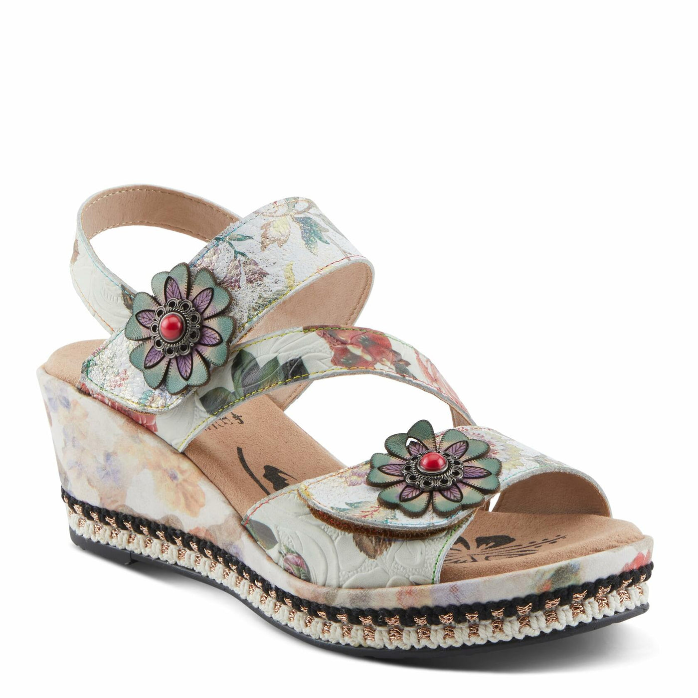 L'Artiste Women's BLISSFUL Hook and Loop Sandals - Floral Embossed Leather, Decorative Flower Accents, Adjustable Fit ICE MULTI EU 39 / US 8.5