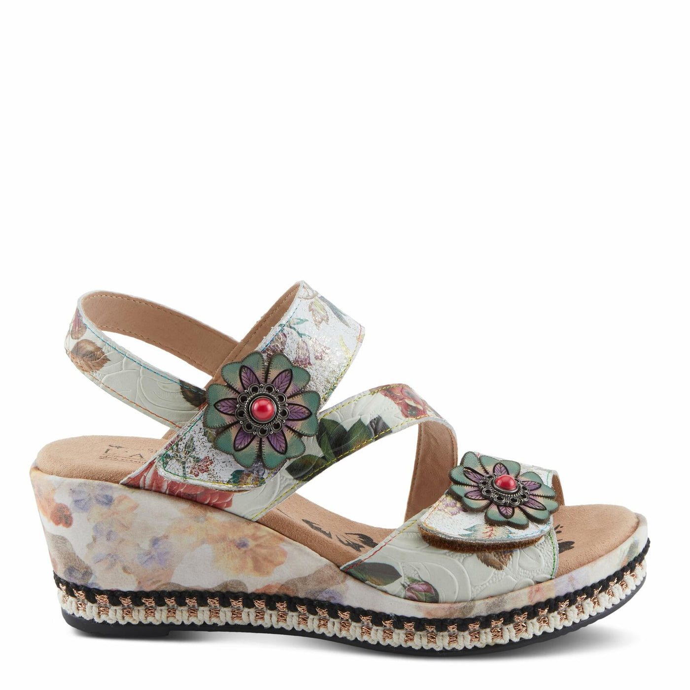 L'Artiste Women's BLISSFUL Hook and Loop Sandals - Floral Embossed Leather, Decorative Flower Accents, Adjustable Fit ICE MULTI EU 39 / US 8.5