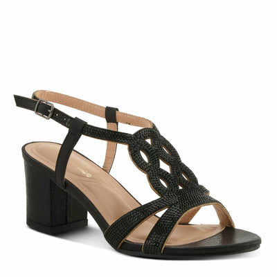 PATRIZIA Women's LILYANA Buckle Block Heel Sandals - T-Strap with Scrollwork Design, Elegant and Comfortable BLACK EU 36 / US 5.5-6