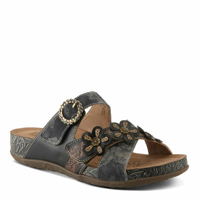 L'Artiste Women's CAELANA Slide Sandals - Hand-Painted Leather, Floral Accents, Adjustable Fit BLACK MULTI EU 42 / US 10.5-11