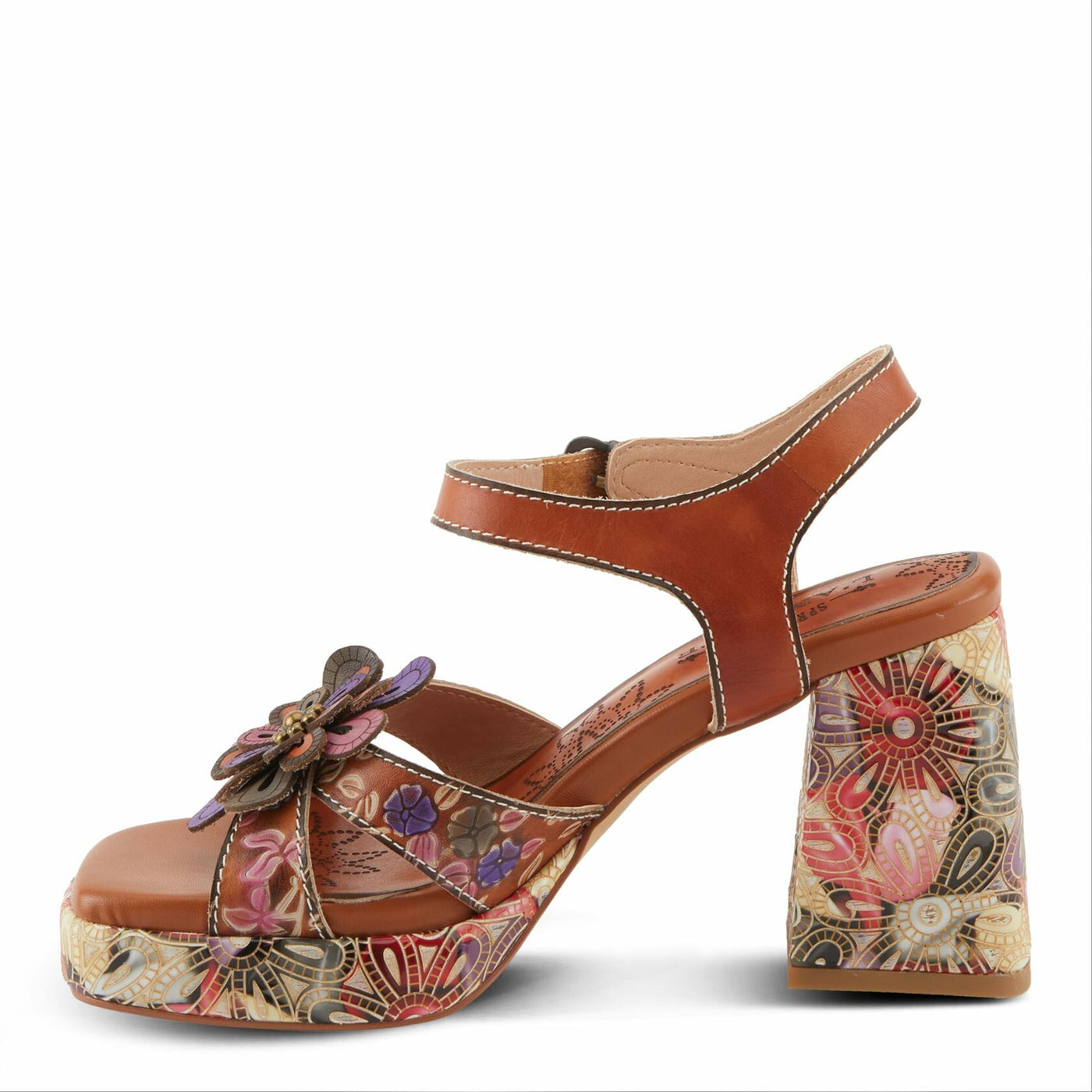 Spring Step L'Artiste Women's REFLECTIVE Platform Heeled Sandals - Chunky Heel, Hand-Painted Flower Detail, Padded Insole Camel Multi EU 40 / US 9