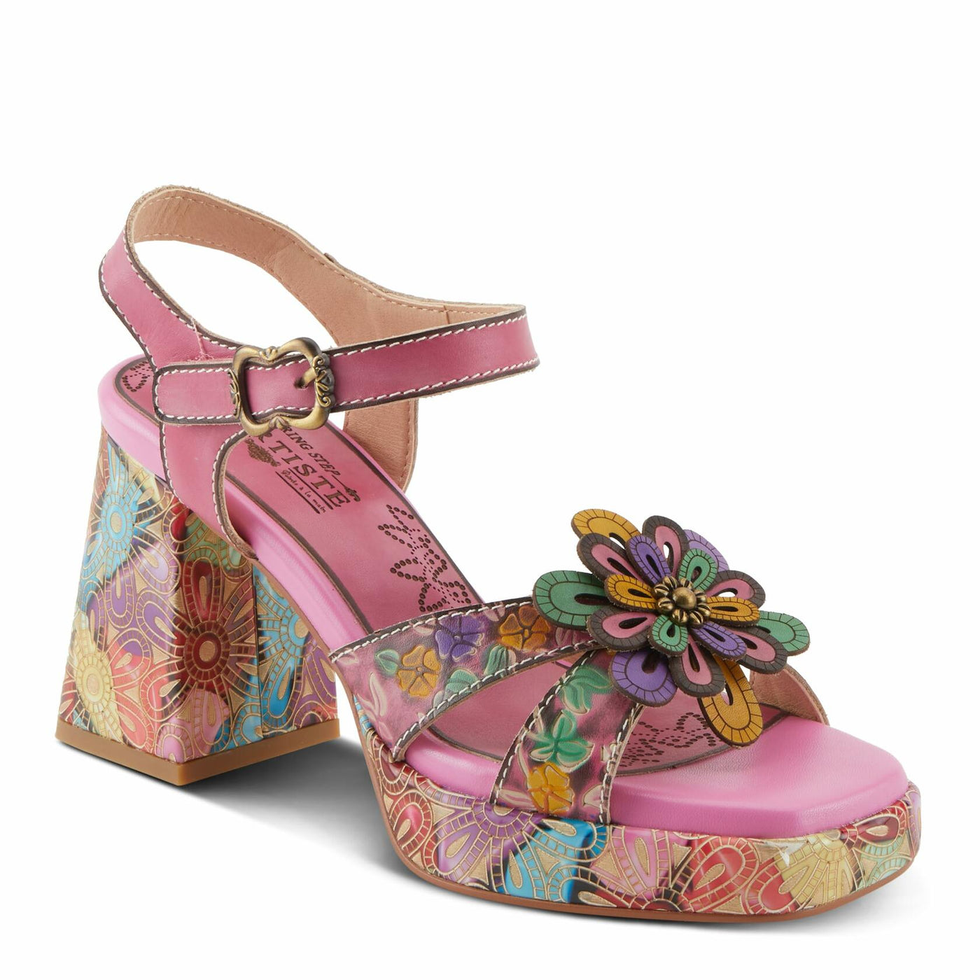 Spring Step L'Artiste Women's REFLECTIVE Platform Heeled Sandals - Chunky Heel, Hand-Painted Flower Detail, Padded Insole Pink Multi EU 35 / US 5