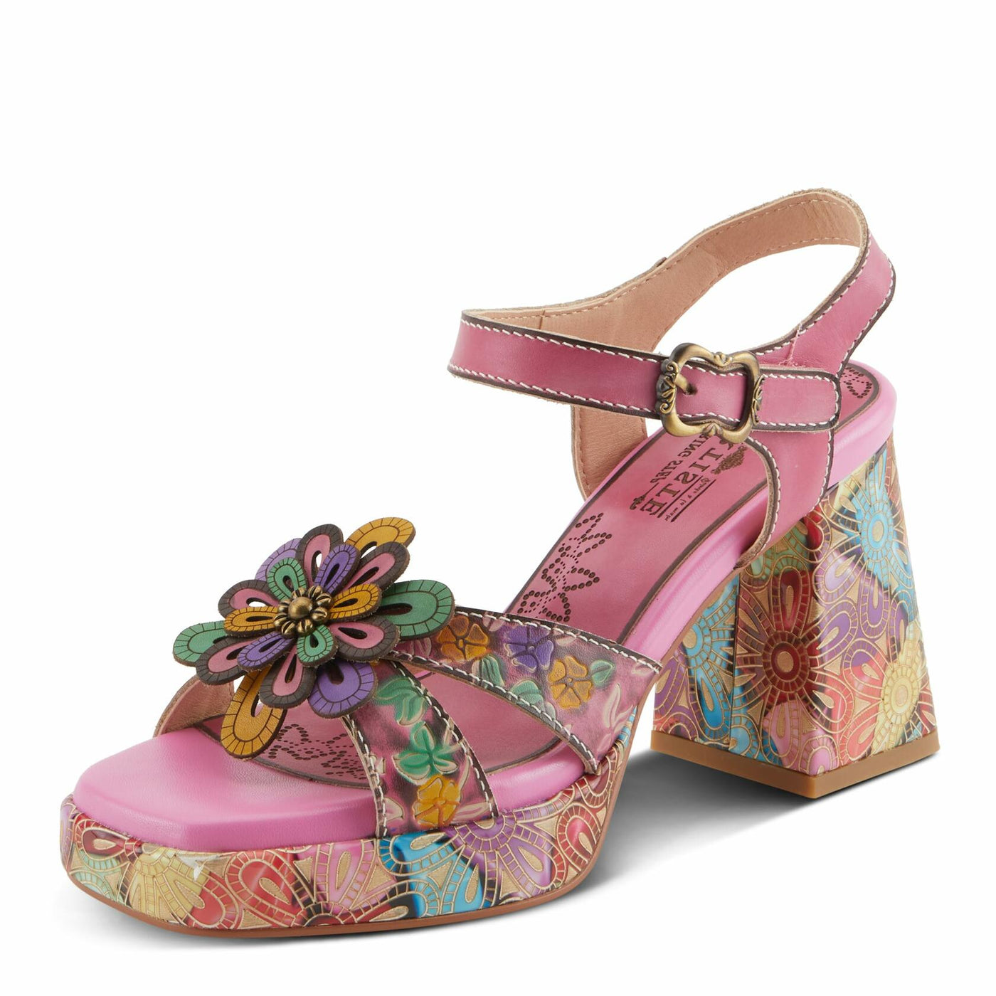 Spring Step L'Artiste Women's REFLECTIVE Platform Heeled Sandals - Chunky Heel, Hand-Painted Flower Detail, Padded Insole Pink Multi EU 35 / US 5