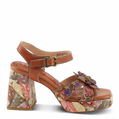 Spring Step L'Artiste Women's REFLECTIVE Platform Heeled Sandals - Chunky Heel, Hand-Painted Flower Detail, Padded Insole Camel Multi EU 40 / US 9