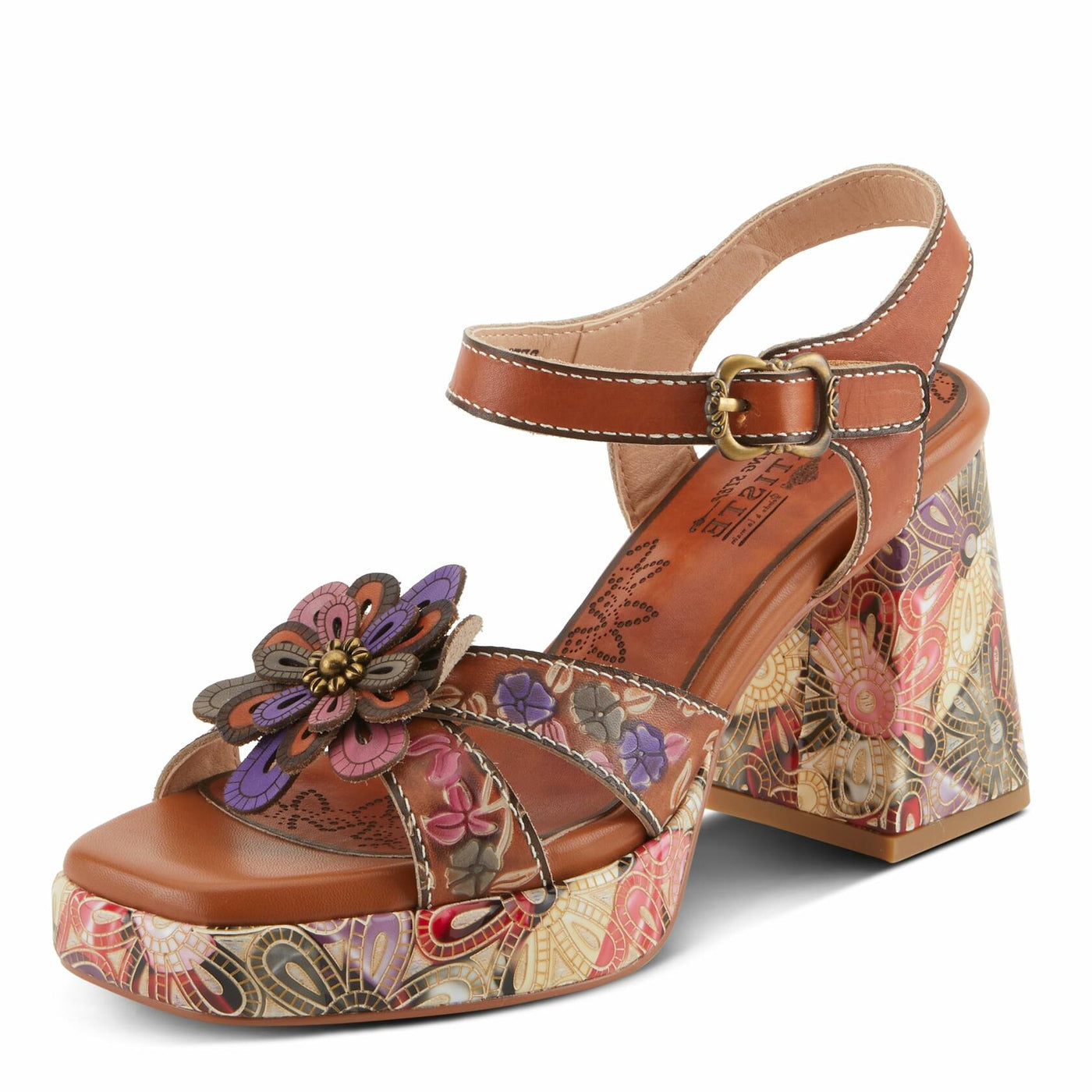 Spring Step L'Artiste Women's REFLECTIVE Platform Heeled Sandals - Chunky Heel, Hand-Painted Flower Detail, Padded Insole Camel Multi EU 40 / US 9