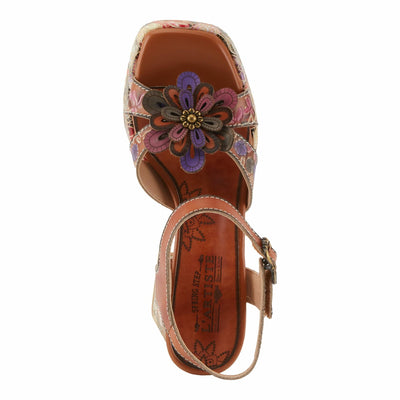 Spring Step L'Artiste Women's REFLECTIVE Platform Heeled Sandals - Chunky Heel, Hand-Painted Flower Detail, Padded Insole Camel Multi EU 40 / US 9