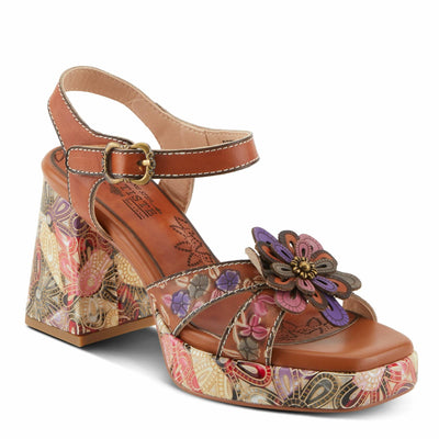 Spring Step L'Artiste Women's REFLECTIVE Platform Heeled Sandals - Chunky Heel, Hand-Painted Flower Detail, Padded Insole Camel Multi EU 40 / US 9