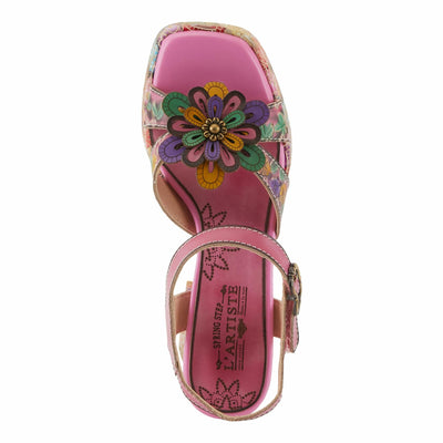 Spring Step L'Artiste Women's REFLECTIVE Platform Heeled Sandals - Chunky Heel, Hand-Painted Flower Detail, Padded Insole Pink Multi EU 35 / US 5