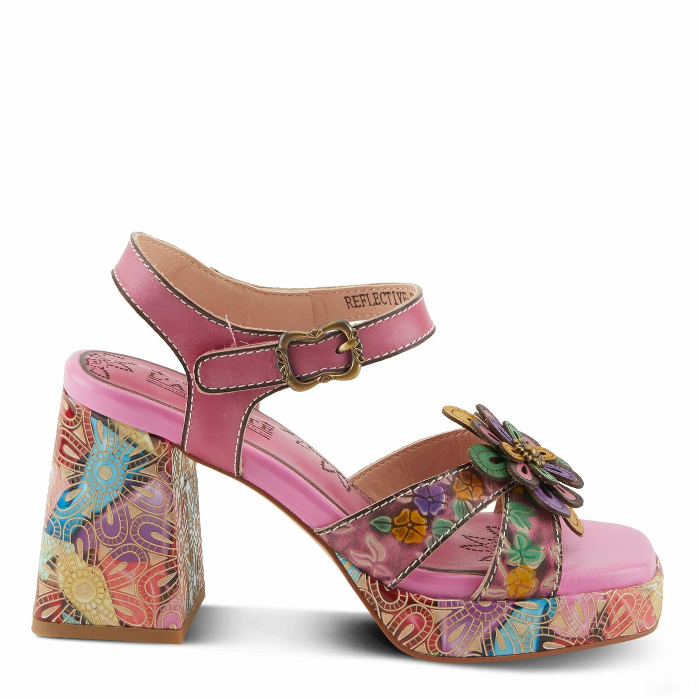 Spring Step L'Artiste Women's REFLECTIVE Platform Heeled Sandals - Chunky Heel, Hand-Painted Flower Detail, Padded Insole Pink Multi EU 35 / US 5