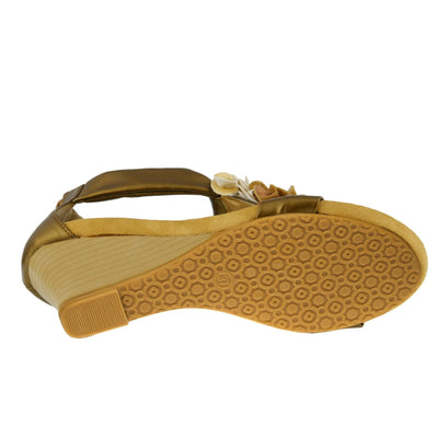 PATRIZIA Spring Step Harlequin Wedge Sandals for Womens - Ladies Sandals with Chic Flower T-Straps - Back Zipper Closure Womens Casuals Sandals - Gold EU 36 / US 5.5-6