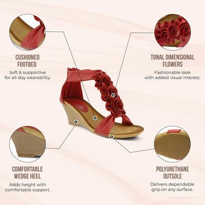 PATRIZIA Spring Step Harlequin Wedge Sandals for Womens - Ladies Sandals with Chic Flower T-Straps - Back Zipper Closure Womens Casuals Sandals - RED Shoe US 8.5