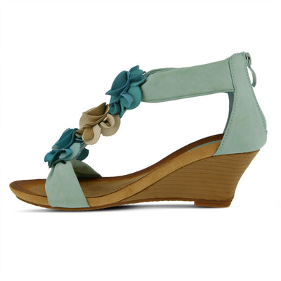 PATRIZIA Spring Step Harlequin Wedge Sandals for Womens - Ladies Sandals with Chic Flower T-Straps - Back Zipper Closure Womens Casuals Sandals - Aqua EU 42 / US 10.5-11