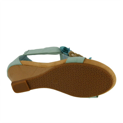 PATRIZIA Spring Step Harlequin Wedge Sandals for Womens - Ladies Sandals with Chic Flower T-Straps - Back Zipper Closure Womens Casuals Sandals - Aqua EU 41 / US 9.5-10