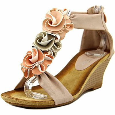 PATRIZIA Spring Step Harlequin Wedge Sandals for Womens - Ladies Sandals with Chic Flower T-Straps - Back Zipper Closure Womens Casuals Sandals - Peach EU 42 / US 10.5-11