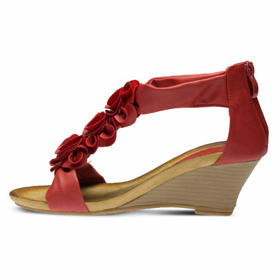 PATRIZIA Spring Step Harlequin Wedge Sandals for Womens - Ladies Sandals with Chic Flower T-Straps - Back Zipper Closure Womens Casuals Sandals - RED Shoe US 8.5