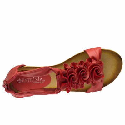 PATRIZIA Spring Step Harlequin Wedge Sandals for Womens - Ladies Sandals with Chic Flower T-Straps - Back Zipper Closure Womens Casuals Sandals - RED Shoe US 8.5