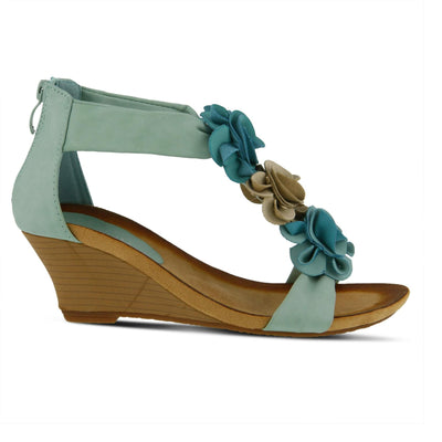 PATRIZIA Spring Step Harlequin Wedge Sandals for Womens - Ladies Sandals with Chic Flower T-Straps - Back Zipper Closure Womens Casuals Sandals - Aqua EU 42 / US 10.5-11