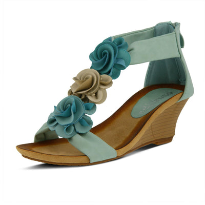PATRIZIA Spring Step Harlequin Wedge Sandals for Womens - Ladies Sandals with Chic Flower T-Straps - Back Zipper Closure Womens Casuals Sandals - Aqua EU 41 / US 9.5-10
