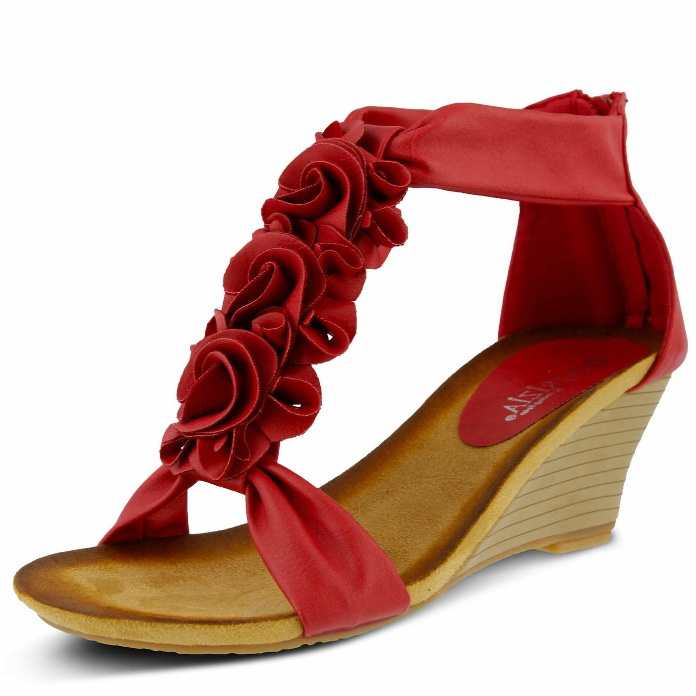 PATRIZIA Spring Step Harlequin Wedge Sandals for Womens - Ladies Sandals with Chic Flower T-Straps - Back Zipper Closure Womens Casuals Sandals - RED Shoe US 8.5