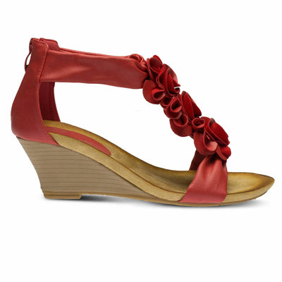 PATRIZIA Spring Step Harlequin Wedge Sandals for Womens - Ladies Sandals with Chic Flower T-Straps - Back Zipper Closure Womens Casuals Sandals - RED Shoe US 8.5