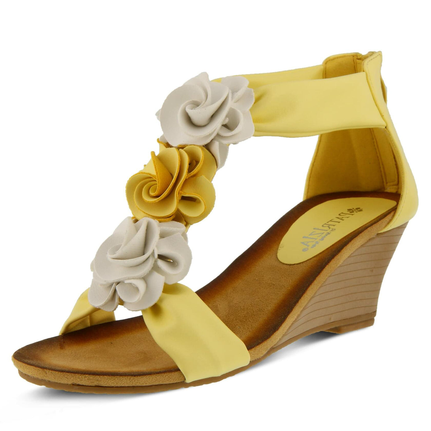 PATRIZIA Spring Step Harlequin Wedge Sandals for Womens - Ladies Sandals with Chic Flower T-Straps - Back Zipper Closure Womens Casuals Sandals - Light Yellow EU 35 / US 5