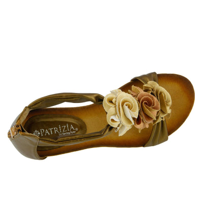 PATRIZIA Spring Step Harlequin Wedge Sandals for Womens - Ladies Sandals with Chic Flower T-Straps - Back Zipper Closure Womens Casuals Sandals - Gold EU 40 / US 9