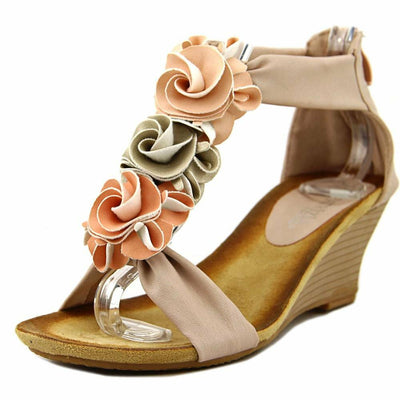 PATRIZIA Spring Step Harlequin Wedge Sandals for Womens - Ladies Sandals with Chic Flower T-Straps - Back Zipper Closure Womens Casuals Sandals - Peach EU 37 / US 6.5-7