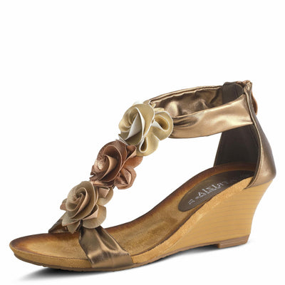 PATRIZIA Spring Step Harlequin Wedge Sandals for Womens - Ladies Sandals with Chic Flower T-Straps - Back Zipper Closure Womens Casuals Sandals - Gold EU 40 / US 9