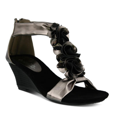PATRIZIA Spring Step Harlequin Wedge Sandals for Womens - Ladies Sandals with Chic Flower T-Straps - Back Zipper Closure Womens Casuals Sandals - Pewter EU 36 / US 5.5-6