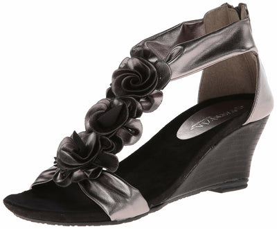 PATRIZIA Spring Step Harlequin Wedge Sandals for Womens - Ladies Sandals with Chic Flower T-Straps - Back Zipper Closure Womens Casuals Sandals - Pewter EU 37 / US 6.5-7