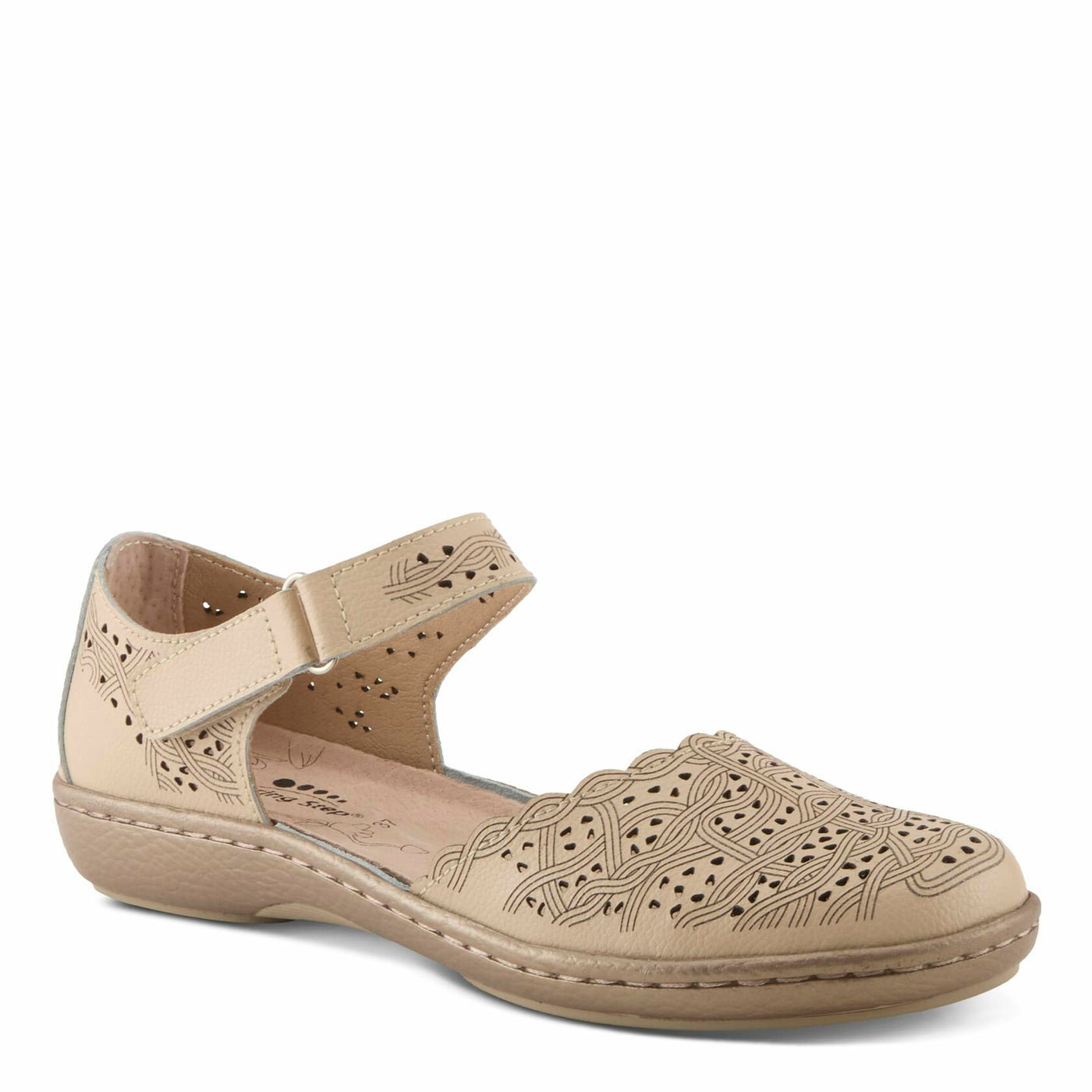 Spring Step Women's SABRIYE Leather Mary Jane Shoes – Laser-Cut Design, Adjustable Hook-and-Loop Closure, Padded Comfort, Flexible Sole BEIGE EU 41 / US 9.5-10