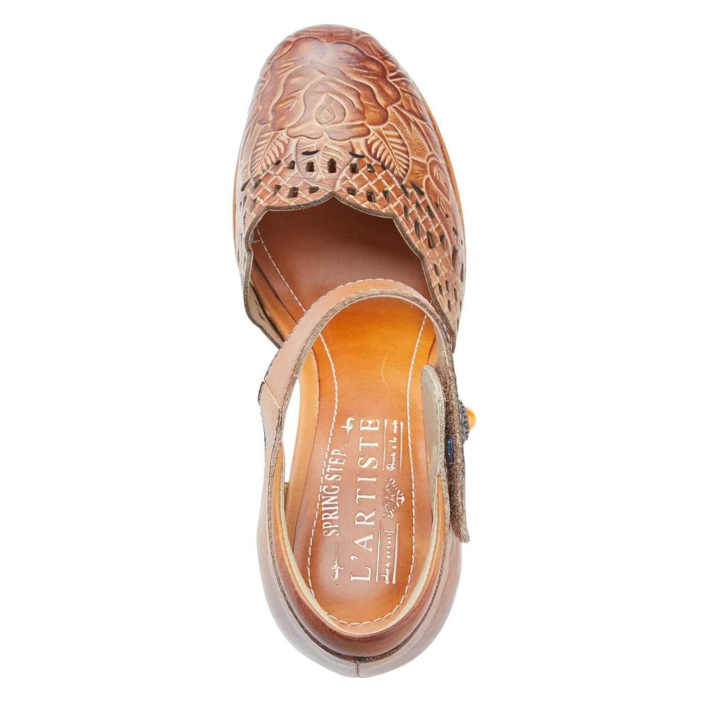 L'Artiste Debbihary Mary Jane Pump Shoes for Women | Pointed Closed Toe High Heels for Women with Rose Embossed Details and Adjustable Ankle Strap Camel Multi EU 36 / US 5.5-6