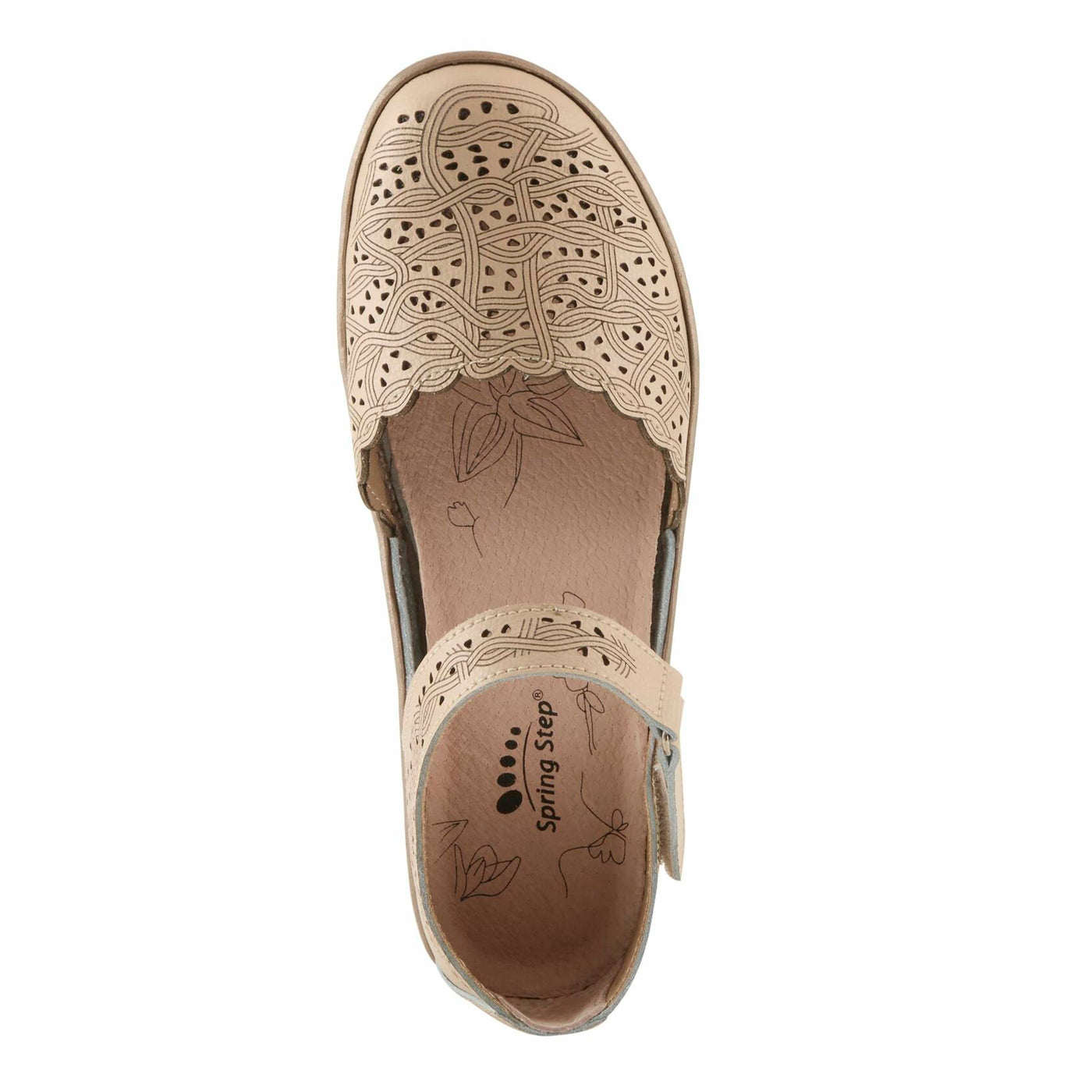 Spring Step Women's SABRIYE Leather Mary Jane Shoes – Laser-Cut Design, Adjustable Hook-and-Loop Closure, Padded Comfort, Flexible Sole BEIGE EU 37 / US 6.5-7