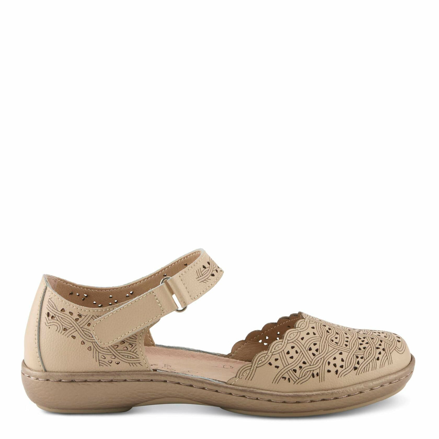 Spring Step Women's SABRIYE Leather Mary Jane Shoes – Laser-Cut Design, Adjustable Hook-and-Loop Closure, Padded Comfort, Flexible Sole BEIGE EU 41 / US 9.5-10