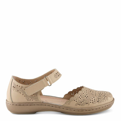 Spring Step Women's SABRIYE Leather Mary Jane Shoes – Laser-Cut Design, Adjustable Hook-and-Loop Closure, Padded Comfort, Flexible Sole BEIGE EU 41 / US 9.5-10