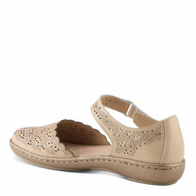 Spring Step Women's SABRIYE Leather Mary Jane Shoes – Laser-Cut Design, Adjustable Hook-and-Loop Closure, Padded Comfort, Flexible Sole BEIGE EU 41 / US 9.5-10