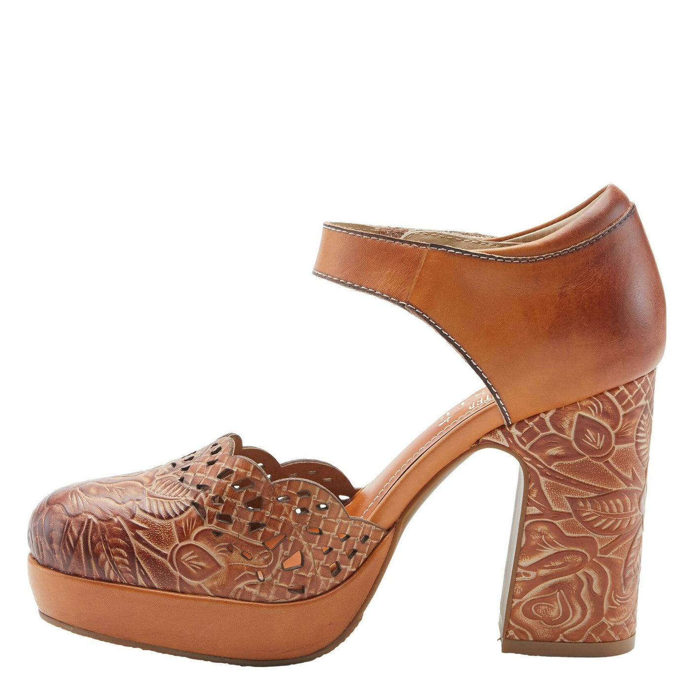 L'Artiste Debbihary Mary Jane Pump Shoes for Women | Pointed Closed Toe High Heels for Women with Rose Embossed Details and Adjustable Ankle Strap Camel Multi EU 36 / US 5.5-6