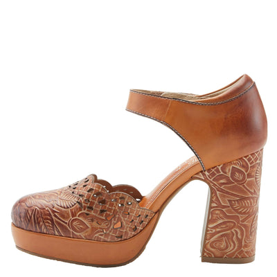 L'Artiste Debbihary Mary Jane Pump Shoes for Women | Pointed Closed Toe High Heels for Women with Rose Embossed Details and Adjustable Ankle Strap Camel Multi EU 36 / US 5.5-6