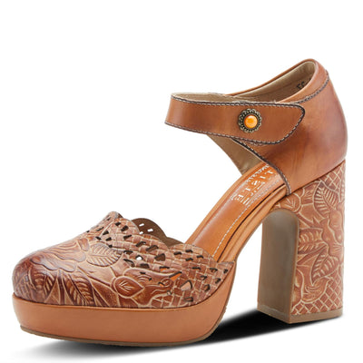 L'Artiste Debbihary Mary Jane Pump Shoes for Women | Pointed Closed Toe High Heels for Women with Rose Embossed Details and Adjustable Ankle Strap Camel Multi EU 36 / US 5.5-6