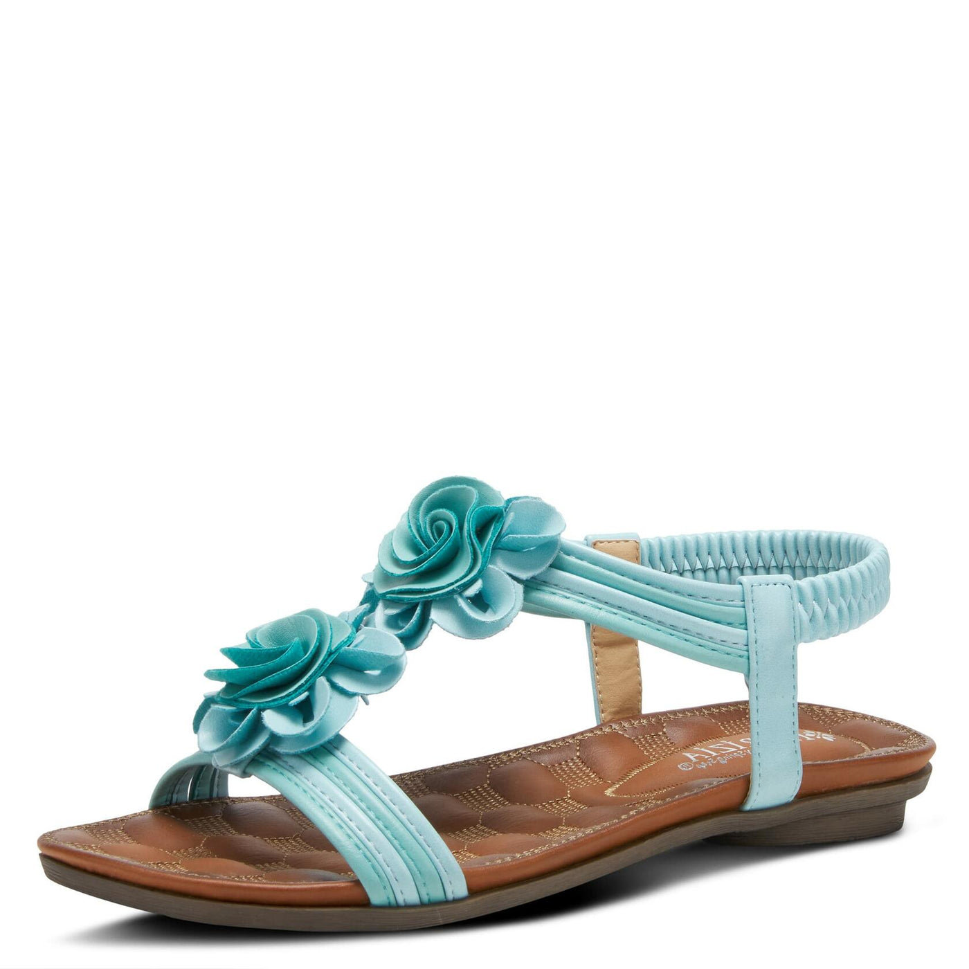 PATRIZIA Spring Step Nectarine Sandals for Womens - Ladies Sandals with Chic Flower Grabbing t-Straps - Casuals Womens Sandals with Stretch Back Strap - Turquoise Multi EU 38 / US 7.5-8
