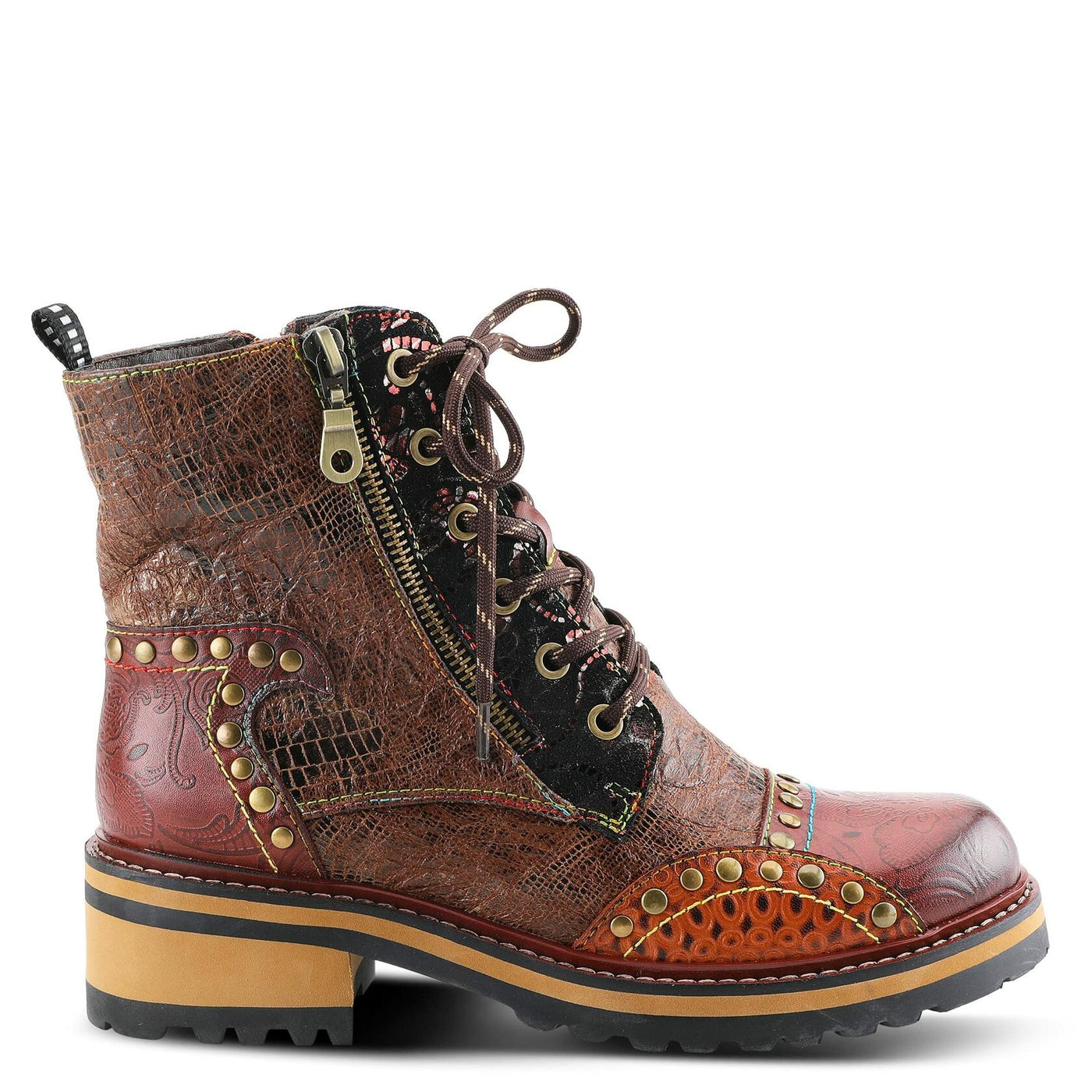 L'Artiste Rugup Leather Combination Booties for Women | Low Heel Ankle Boots for Women with Lace Up and Zipper Closure and Faux Fur Lining, Brown Multi EU 35 / US 5