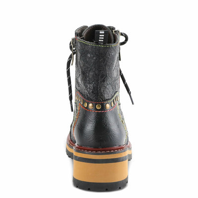 L'Artiste Rugup Leather Combination Booties for Women | Low Heel Ankle Boots for Women with Lace Up and Zipper Closure and Faux Fur Lining, Black Multi EU 38 / US 7.5-8